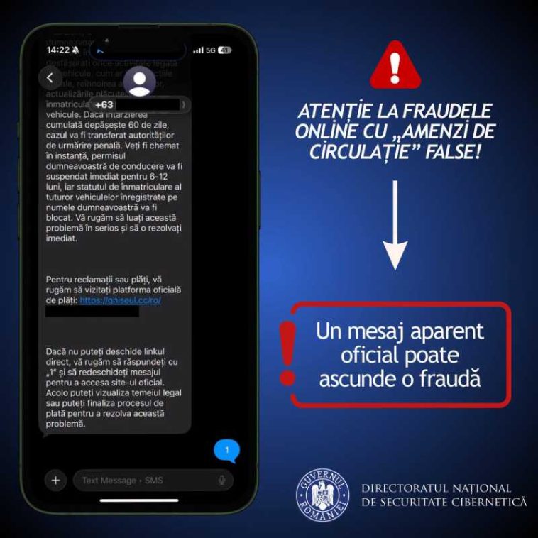 DNSC avertizează asupra unor tentative de fraudă online sub pretextul unor amenzi de circulație false