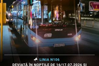 Linia N106, deviată în următoarele două nopți pentru lucrări la pasajul rutier de la intersecția Șoseaua Berceni-Turnu Măgurele