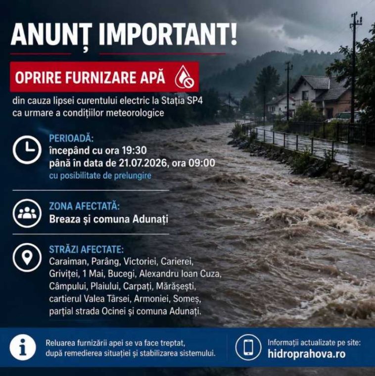 Hidro Prahova: Alimentarea cu apă potabilă, oprită în orașul Breaza și în comuna Adunați din cauza vijeliei