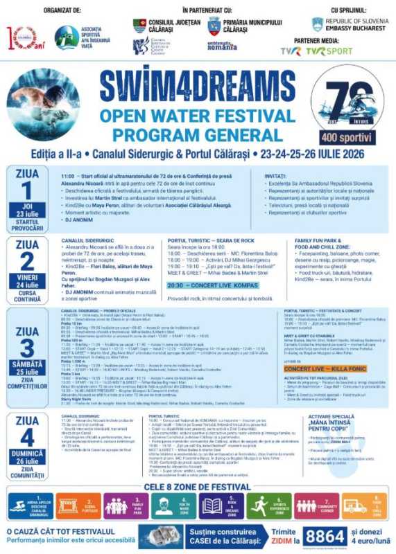 Călărași: Swim4Dreams – Open Water Festival, eveniment sportiv și caritabil organizat în perioada 23-26 iulie