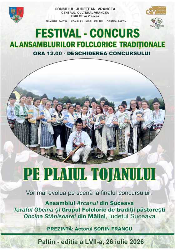 Vrancea: Ansambluri din patru județe vor evolua în cadrul Festivalului-concurs ”Pe Plaiul Tojanului”, la Paltin