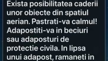 Mesaje RO-ALERT în Brăila și Galați privind posibilitatea căderii unor obiecte din spațiul aerian