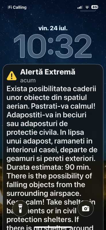 Mesaje RO-ALERT în Brăila și Galați privind posibilitatea căderii unor obiecte din spațiul aerian
