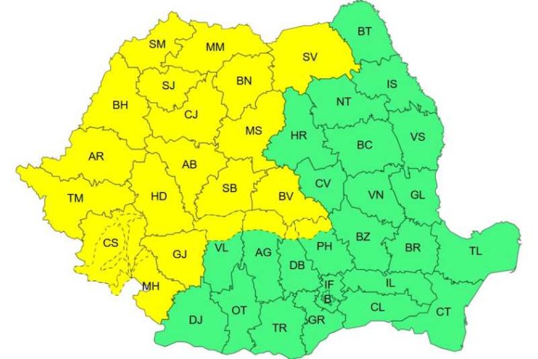 Alerte Cod galben de intensificări ale vântului și averse torențiale în mai multe zone din țară, luni