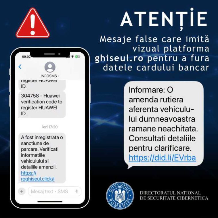 DNSC: Continuă campania frauduloasă prin SMS în care infractorii se folosesc de identitatea Ghiseul.ro