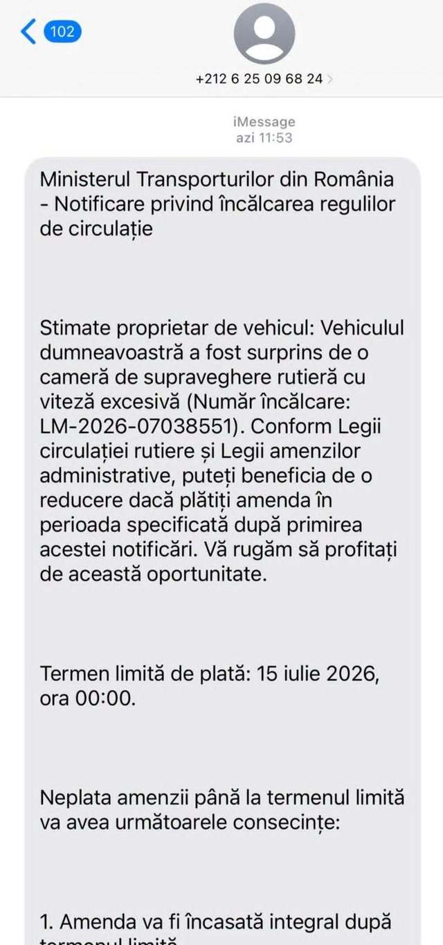 Avertisment cu privire la mesaje SMS care folosesc în mod fraudulos numele Ministerului Transporturilor – Destinatarii sunt anunţaţi că ar fi circulat cu viteză peste limita legală şi sunt îndemnaţi să acceseze un link pentru plată sau contestaţie