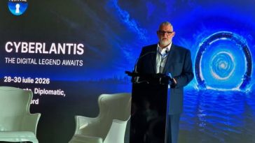 Adrian-Victor Vevera, directorul general al ICI Bucuresti, vorbind la deschiderea CyberSea Festival 2026 pe tema colaborarii in securitate cibernetica