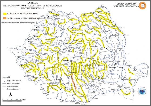 ministerul Mediului: Avertizare hidrologică extinsă/ Risc de inundaţii în 37 de judeţe, ca urmare a precipitaţiilor prognozate şi a propagării acestora/ Cod portocaliu pentru râuri din judeţele Argeş şi Olt – HARTA