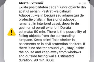 Nou mesaj RO-Alert emis în judeţul Tulcea – Populaţia, avertizată cu privire la posibilitatea căderii de obiecte din spaţiul aerian / Nu s-au semnalat probleme deocamdată