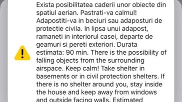 Nou mesaj RO-Alert emis în judeţul Tulcea – Populaţia, avertizată cu privire la posibilitatea căderii de obiecte din spaţiul aerian / Nu s-au semnalat probleme deocamdată