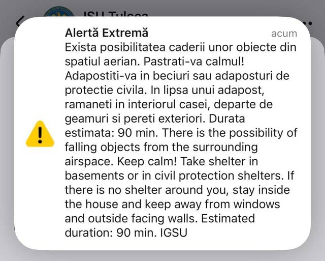 Nou mesaj RO-Alert emis în judeţul Tulcea – Populaţia, avertizată cu privire la posibilitatea căderii de obiecte din spaţiul aerian / Nu s-au semnalat probleme deocamdată