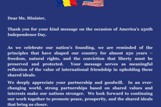 Marco Rubio, în mesajul transmis Oanei Ţoiu, ca răspuns la urările de Ziua Independenţei SUA: Într-o lume aflată într-o continuă schimbare, parteneriatele solide ne fac naţiunile mai puternice. Aşteptăm cu interes să continuăm colaborarea