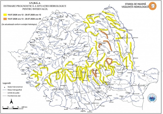 Avertizări cod portocaliu şi cod galben pentru cursuri de apă din mai multe judeţe, începând de duminică până luni dimineaţă