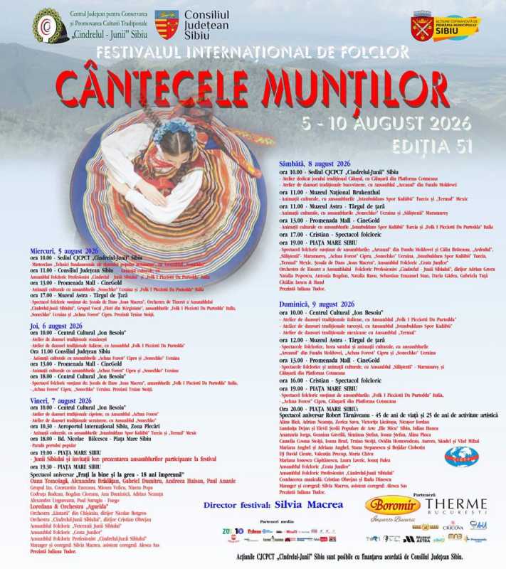 Sibiu: Loredana, Fuego și Junii Sibiului vor urca pe scena Festivalului Internațional de Folclor ”Cântecele Munților”