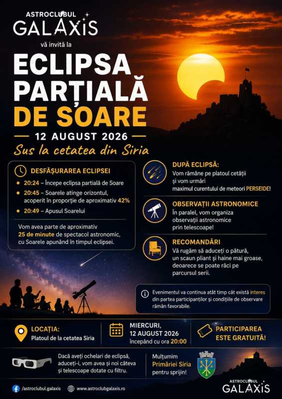 Arad: Eclipsa parțială de soare va putea fi observată gratuit cu telescoape la Cetatea Șiriei