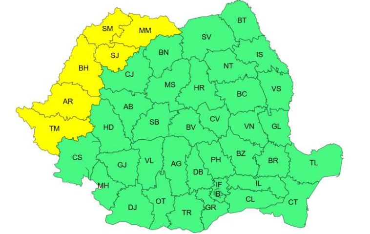 Cod galben de temperaturi ridicate și disconfort termic, duminică, în șase județe din vestul țării