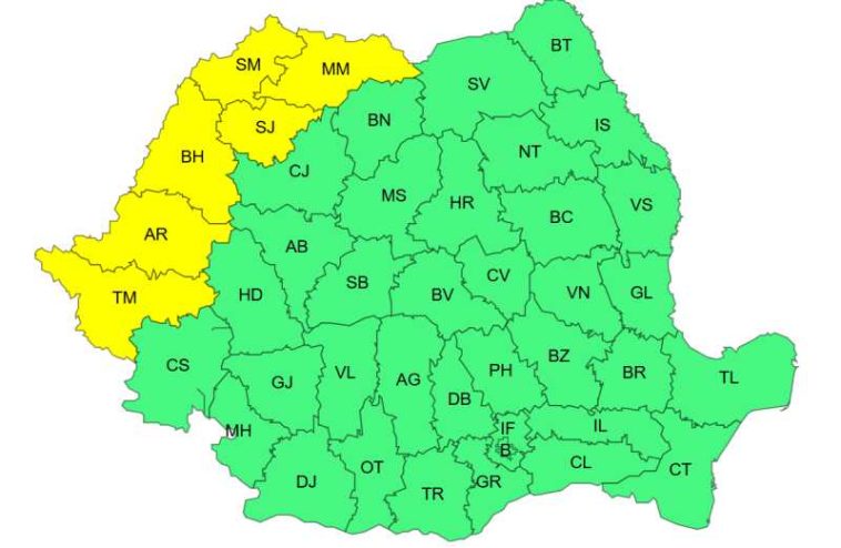 Cod galben de caniculă, duminică, în șase județe din vest și nord-vest