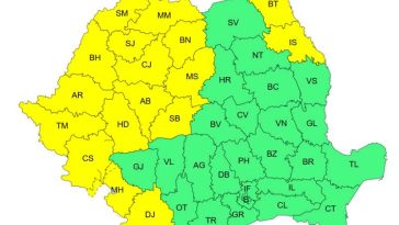 ANM: 17 județe sub Cod galben de temperaturi deosebit de ridicate pe parcursul zilei de luni