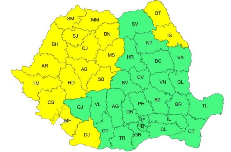 ANM: 17 județe sub Cod galben de temperaturi deosebit de ridicate pe parcursul zilei de luni