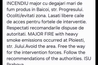 Prahova: Incendiu cu degajări mari de fum la o hală cu deșeuri și mase plastice; a fost emis mesaj RO-ALERT