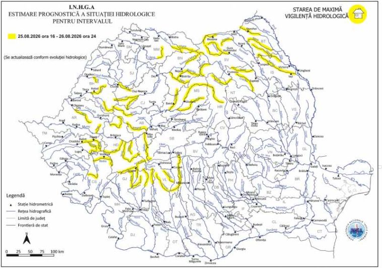 INHGA: Cod galben de viituri pe râuri din 19 județe, până miercuri la miezul nopții