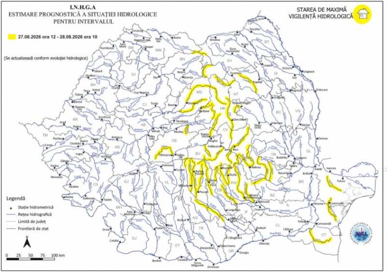 INHGA: Cod galben de viituri pe râuri din 21 de județe, până vineri dimineața