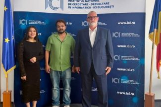 Adrian-Victor Vevera, directorul general al ICI București, în discuții cu delegația AI Turing Technologies la sediul institutului privind securitatea cibernetică și platformele cyber range