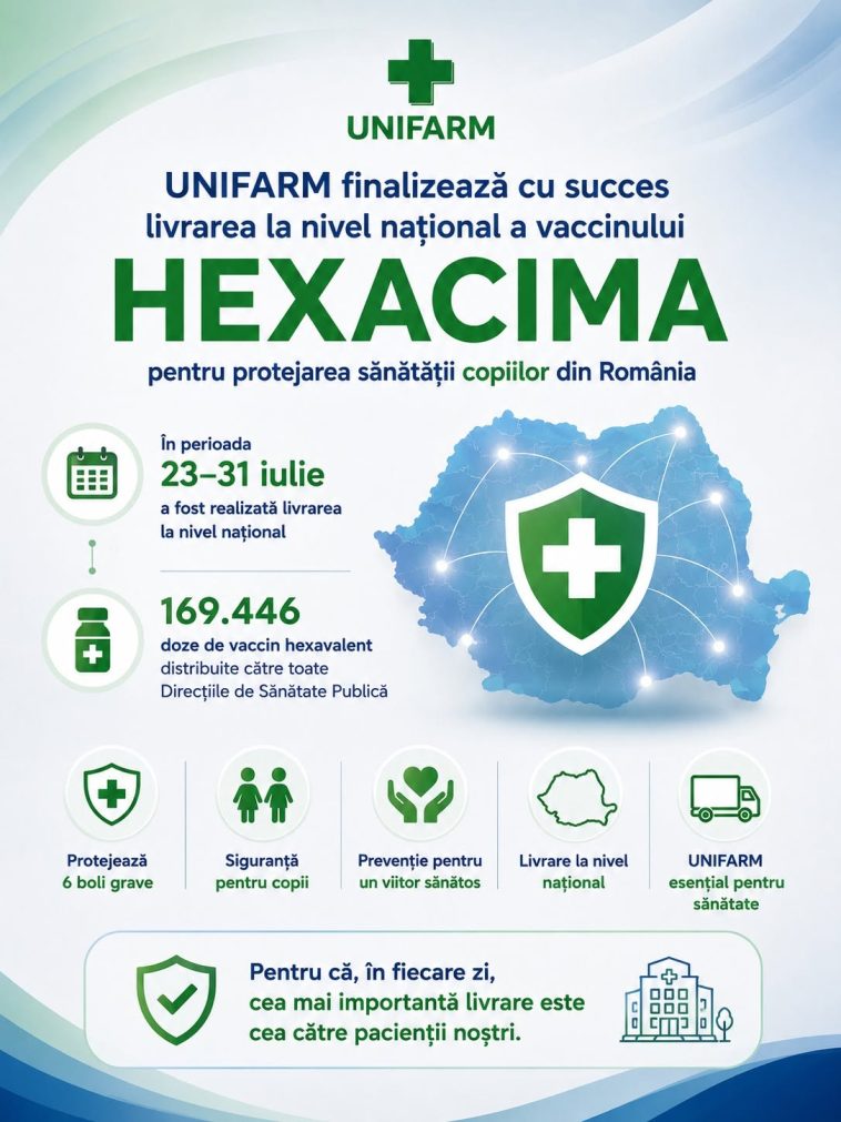 UNIFARM finalizează livrarea națională a vaccinului HEXACIMA, cu 169.446 de doze distribuite către Direcțiile de Sănătate Publică.