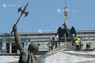 Vulturul și cei doi grifoni distruși în urma bombardamentelor din 1944, readuși pe Palatul UB