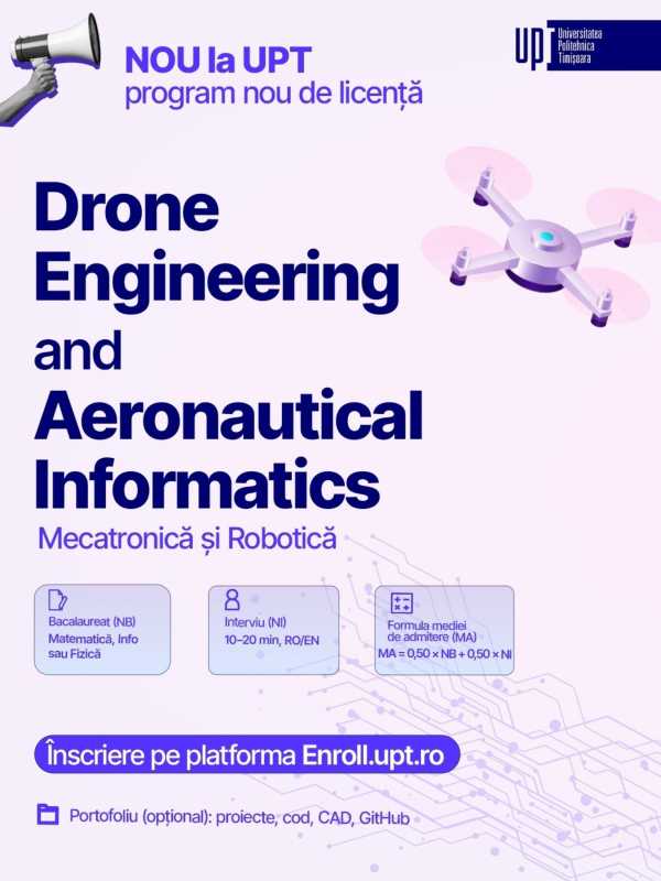 Timiș: UPT deschide, în premieră națională, programul de licență, în engleză, Ingineria Dronelor și Informatică Aeronautică