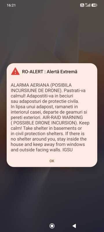 Botoșani: Mesaj RO-ALERT pentru populație privind o posibilă incursiune de drone