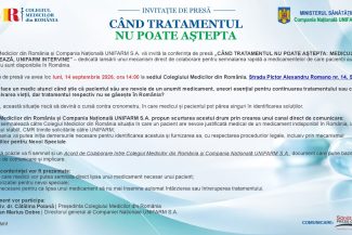Invitație la conferința UNIFARM și Colegiul Medicilor din România privind mecanismul direct pentru medicamente indisponibile.