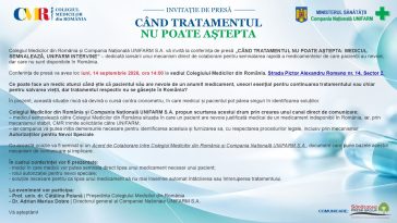 Invitație la conferința UNIFARM și Colegiul Medicilor din România privind mecanismul direct pentru medicamente indisponibile.