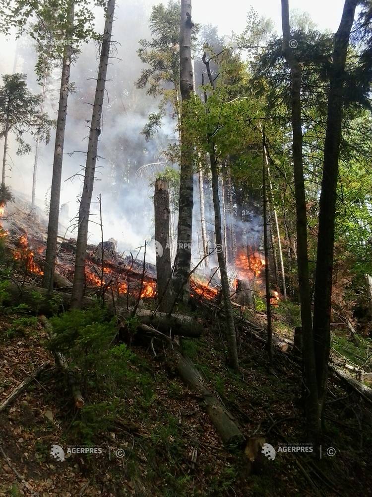 IGSU: Continuă acțiunile de stingere a incendiilor de la Băile Herculane; acționează peste 120 de pompieri și două elicoptere