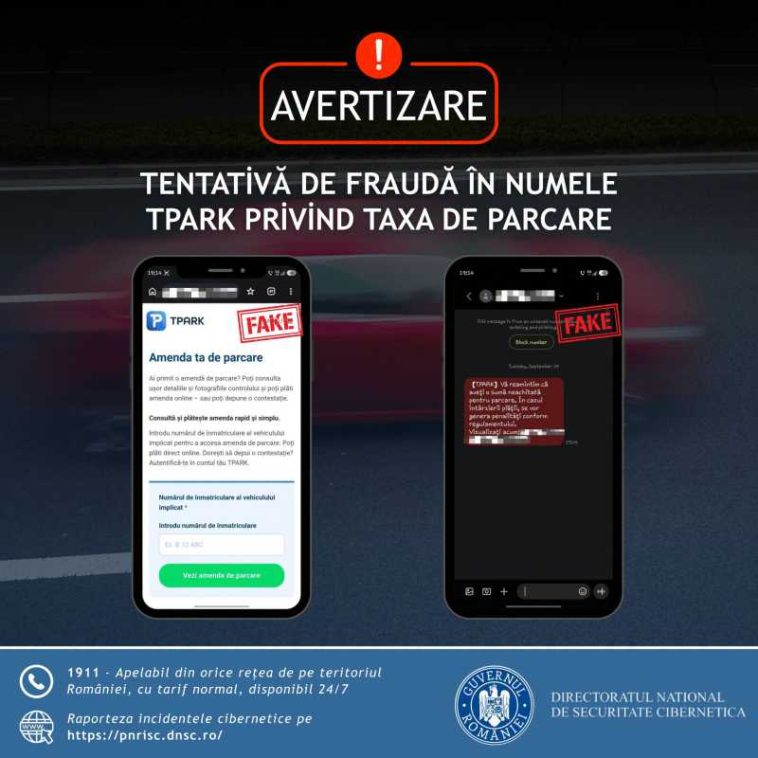 DNSC avertizează asupra unor SMS-uri frauduloase privind anumite sume neachitate pentru parcare