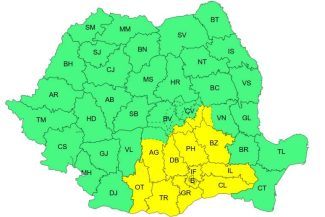 Cod galben de ploi însemnate cantitativ în Muntenia, sud-estul Olteniei și Carpații de Curbură, de luni dimineața