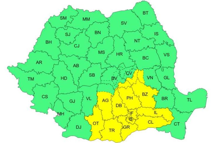 Cod galben de ploi însemnate cantitativ în Muntenia, sud-estul Olteniei și Carpații de Curbură, de luni dimineața