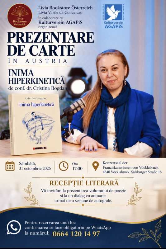 Volumul de poezie ”Inima hiperkinetică”, semnat de Cristina Bogdan, va fi lansat în Austria