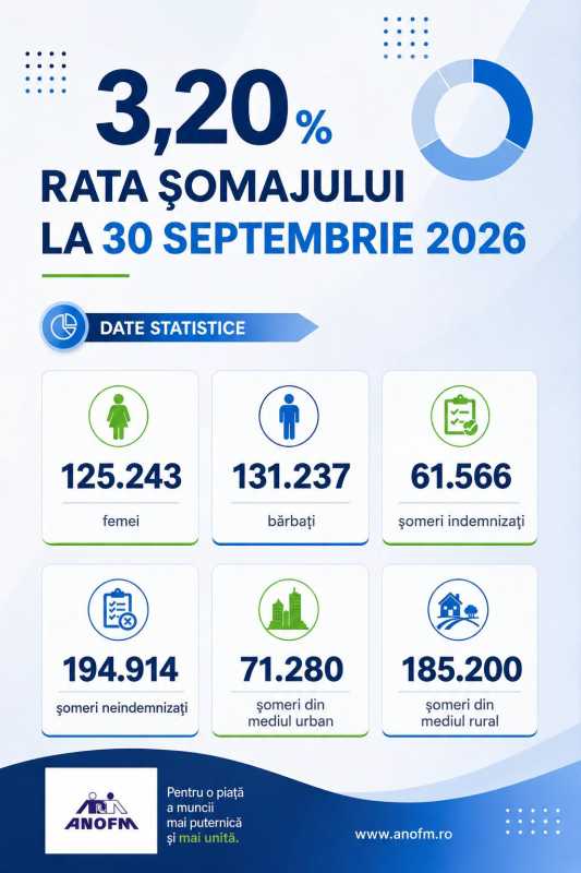 ANOFM: Rata șomajului la nivel național a fost de 3,20% în septembrie, în scădere ușoară