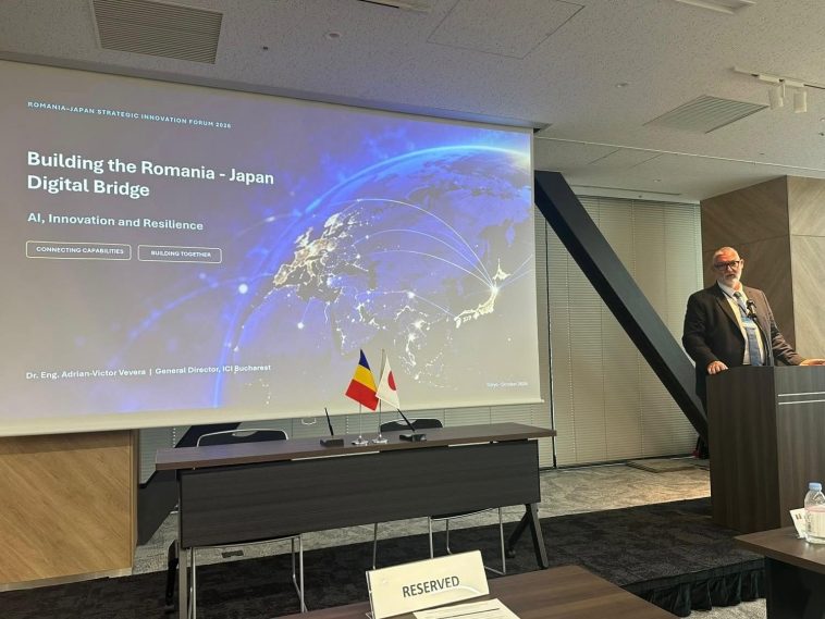 Adrian-Victor Vevera prezintă direcții de cooperare româno-japoneză în inteligență artificială și inovare.