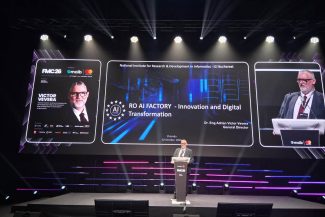 Adrian-Victor Vevera, directorul ICI București, prezentând RO AI Factory la Fintech Moldova Conference 2026, Chișinău