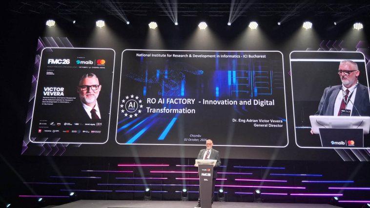 Adrian-Victor Vevera, directorul ICI București, prezentând RO AI Factory la Fintech Moldova Conference 2026, Chișinău