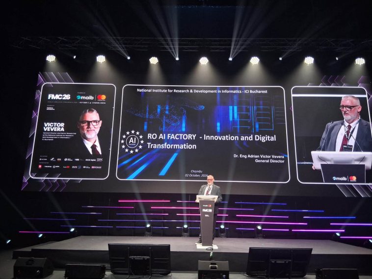 Adrian-Victor Vevera, directorul ICI București, prezentând RO AI Factory la Fintech Moldova Conference 2026, Chișinău