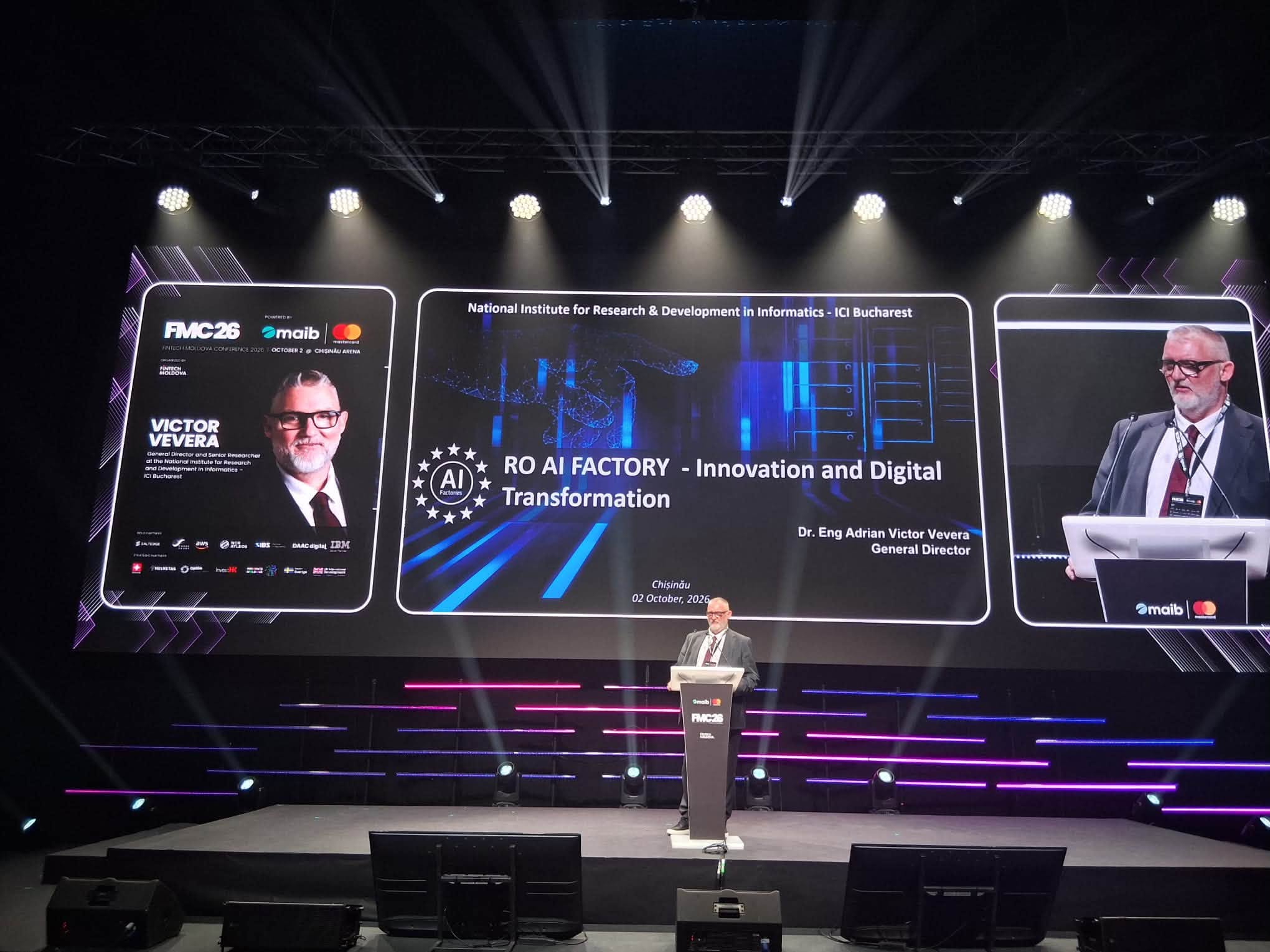 Adrian-Victor Vevera, directorul ICI București, prezentând RO AI Factory la Fintech Moldova Conference 2026, Chișinău